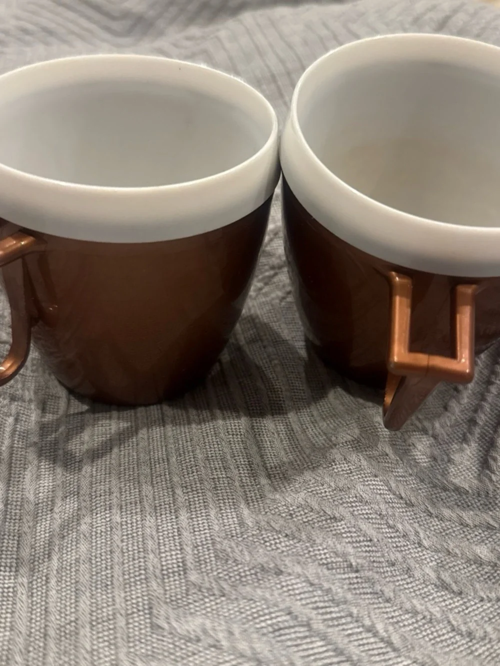 Set of 2 vintage Metallic Copper plastic Coffee Mugs with White Rim